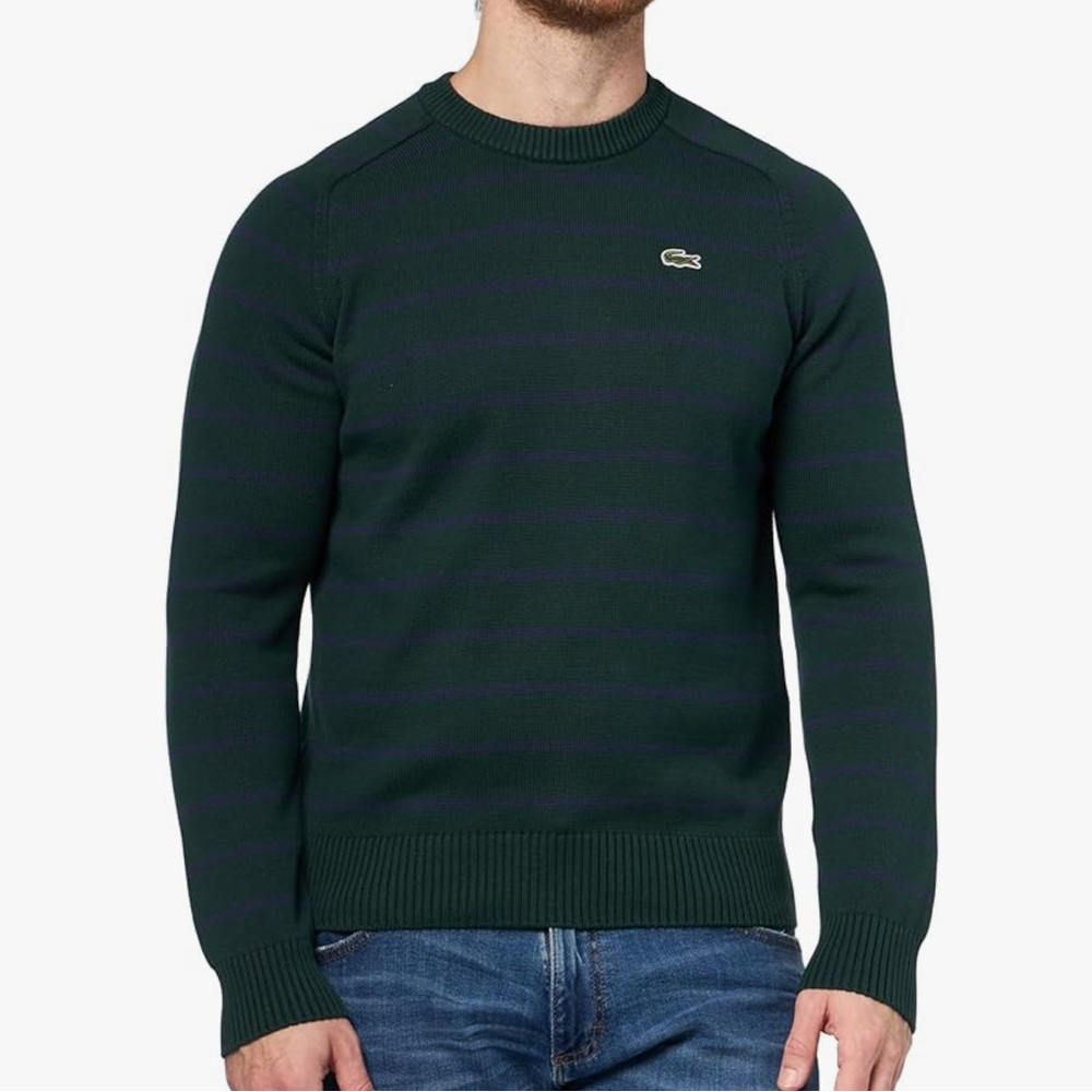 Lacoste || striped 3d knit cotton crewneck sweater in sinkhole/navy